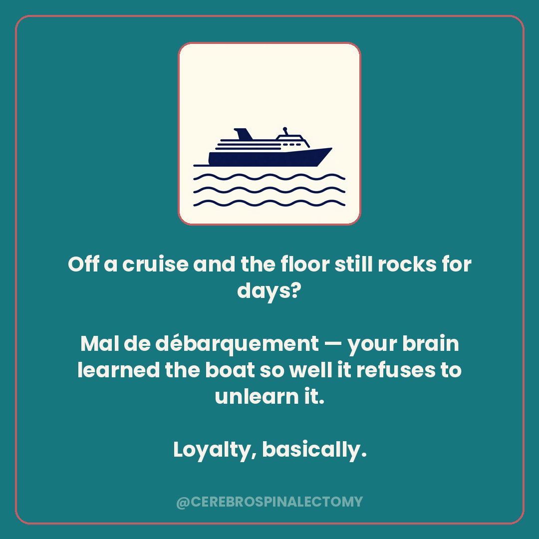 Off a cruise and the floor still rocks for days? Mal de débarquement — your brain learned the boat so well it refuses to unlearn it. Loyalty, basically.